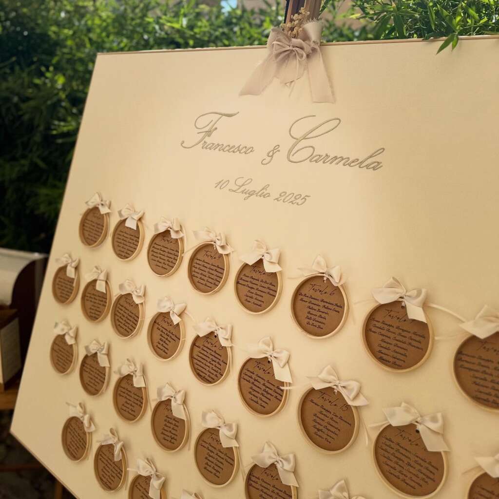 Tablea de marriage con ricami personalizzati e interamente coordinato con partecipazioni, pochette, segnatavoli.